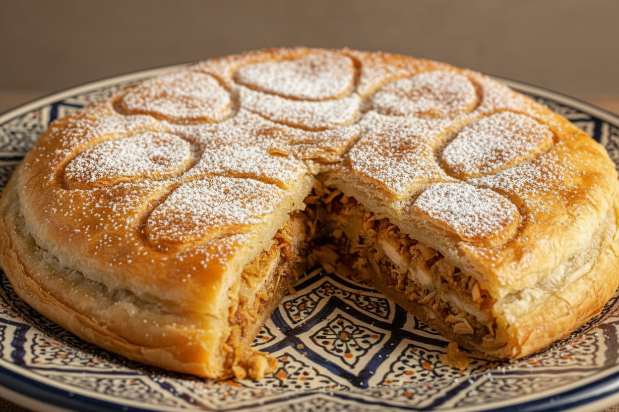 Imagen ultra-realista de un plato tradicional marroquí **Pastilla de Pollo**, presentado de forma perfecta para publicidad culinaria. La pastilla está en **primer plano**, con hojaldre dorado y crujiente, textura detallada sin fallos, ligeramente espolvoreada con azúcar glas y canela en patrón fino y uniforme. Corte lateral mostrando el interior perfectamente formado: mezcla de pollo, almendras, cebolla y especias, todo con colores naturales y coherentes, sin dedos, sin manos, sin deformaciones. Plato marro